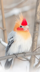 A vibrant and colorful bird is showcasing its unique feather colors beautifully against a soft winter backdrop