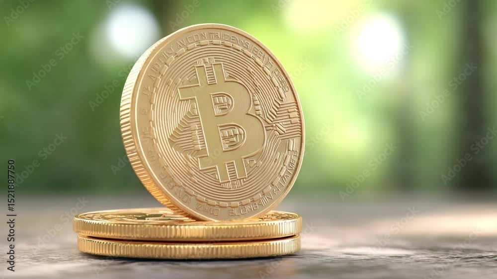 Poster bitcoin's digital gold: a close-up shot showcasing a stack of gold bitcoins, symbolizing the digital