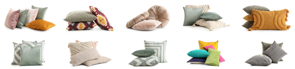 Set of many soft pillows on white background