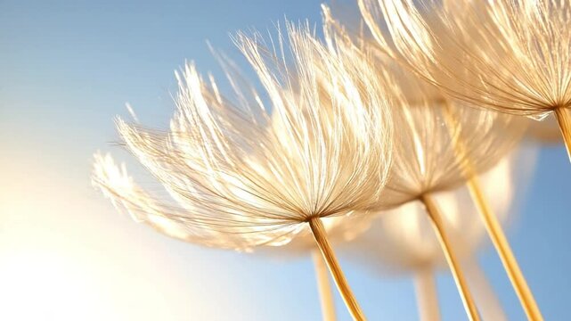 Whispers of Nature: Delicate dandelion seed heads against a radiant blue sky, evoke a sense of lightness and ethereal beauty.