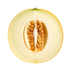 Half of fresh yellow melon showing seeds on white background