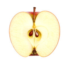 Red apple cut in half showing seeds and core on white background
