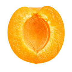 Ripe apricot half showing the seed on white background