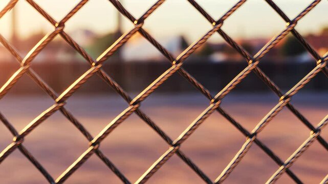 Chain Link Fence at Sunset: Close-up view of a chain link fence with the warm glow of a setting sun blurring in the background. The diamond pattern of the fence is prominently featured. 