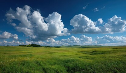 Obraz premium Expansive green fields under a vibrant blue sky.