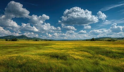 Obraz premium Vast meadow under a vibrant blue sky with fluffy clouds.