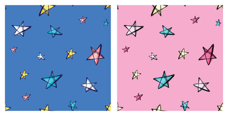 Colorful seamless pattern with doodle stars on blue background for kid textile, fabric, wrapping paper. Cosmic motif. Hand drawn doodle magic stars. Freehand childish background.