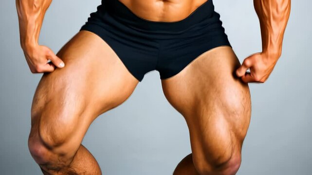 Muscular Legs: An up-close view captures the sculpted legs of an athletic physique, highlighting strength, definition, and peak physical condition.