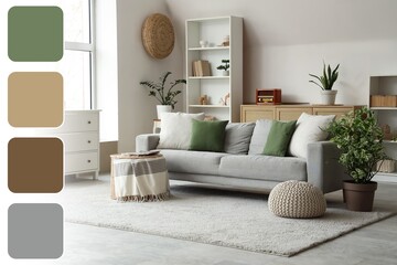 Interior of light living room with grey sofa and shelving unit. Different color patterns