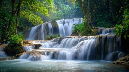 Obraz premium Cascading waterfalls flowing through lush green forest environments creating a landscape