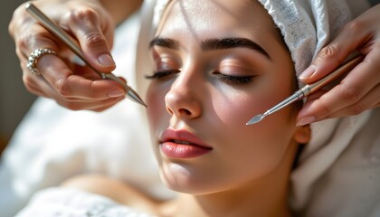 anti aging facial treatment in progress, relaxed woman obscured beneath draped linen; unbranded metallic implements gleam, poised near her serene face, a split perspective divides the frame