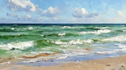 Peaceful ocean wave with gentle flowing brushstrokes in soft oil painting style, evoking calmness and tranquility, perfect for relaxation, meditation and art therapy use.

