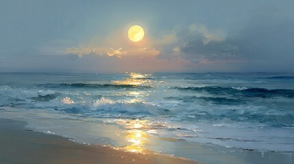 Tranquil moonlit beach with gentle waves and smooth reflective brushstrokes in calming oil painting style, capturing peaceful night seascape with serene ambiance and soft coastal light.

