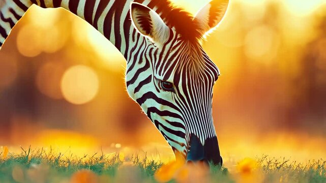 Zebra in the Sunlight: A stunning zebra with bold black and white stripes gracefully lowers its head to graze in a sun-drenched field, creating a captivating scene of wildlife and natural beauty.