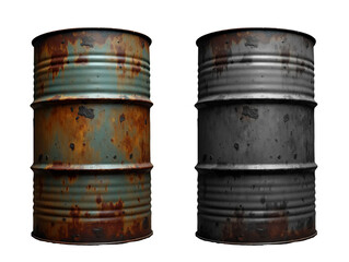 Tambor industrial de óleo velho, manchado e enferrujado. Tambores de ferro de cores diferentes