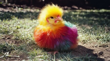 Fototapeta premium A brightly colored chick stands on the grass outdoors in sunlight