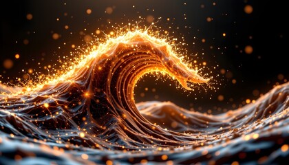 futuristic moving wave digital dark background with moving particles and lines big data visualization 3d rendering photo, nostalgic in golden shine style from macro focus