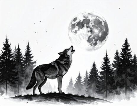 Wolf howling under moonlight
