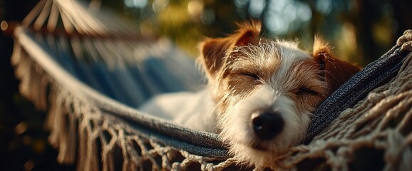 Relaxed dog lounging in a hammock during a sunny day.