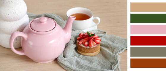 Pink teapot and tasty cake on table. Different color patterns