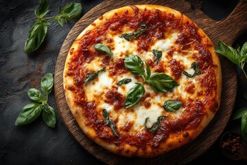 Delicious Margherita pizza with fresh basil leaves.