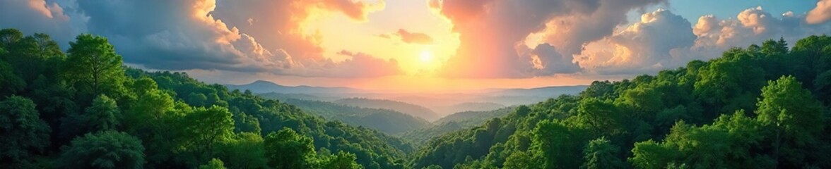 Fototapeta premium A breathtaking panoramic view of a dense forest canopy stretching towards a vibrant, cloud-filled sky Sunlight filters through the leaves, creating a magical atmosphere , light, horizon