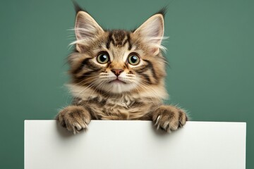 Friendly animal pose. Isolated baby feline on a solid dress code green background. Creature in white studio. Ð¡ute cat somali hold in front paws a template - large white avenue sign.