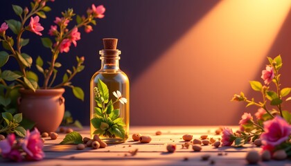 herb oil bottles homeopathy herbs glistening in warm