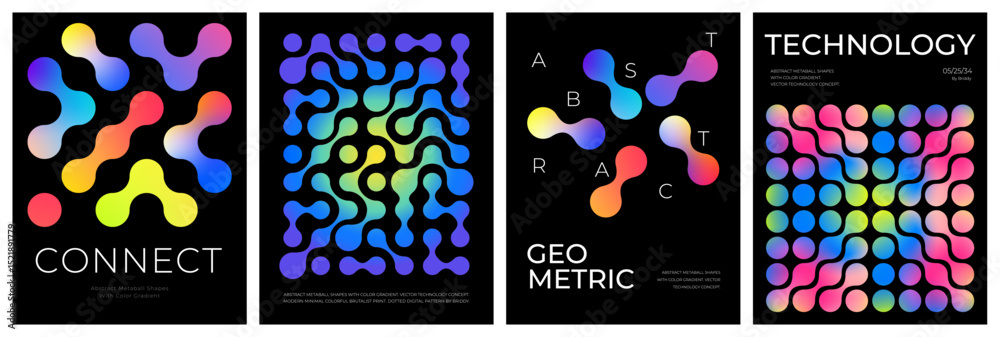 Poster Abstract Gradient Metaball Shapes. Vector Poster Design with Color Aura Gradient. Trendy Geometric Technology Patterns on Black Backgrounds