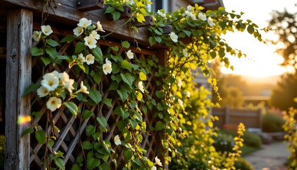 a weathered wood trellis, latticework choked with luminous, emerald climbing vines and bursting blossoms, textures alive under daybreaks first gold light, shimmering dew catches the low angled