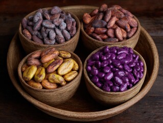 Colorful arrangement of distinct cacao beans in artisanal bowls highlighting unique textures and natural tones creating an inviting display of gourmet chocolate ingredients