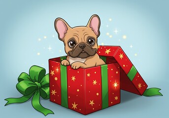 Bulldog Popping Out of Gift Box