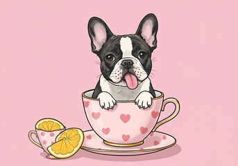 French Bulldog in Teacup with Lemons