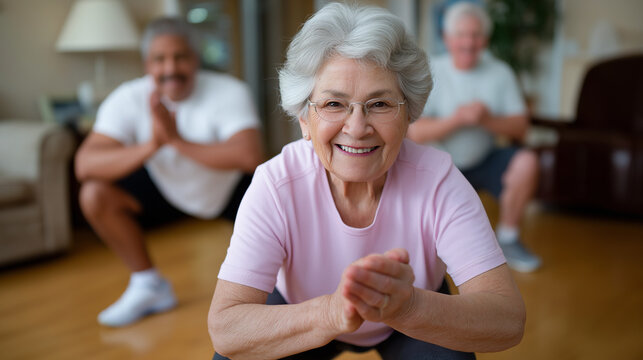 Family fitness fun with grandmother encouraging playful squats