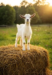 White Goat Standing on Haystack