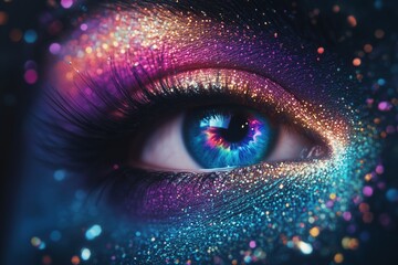 Colorful sparkling makeup highlights vivid blue eye, blending glamour with fantasy in close-up