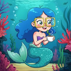Blue-Haired Mermaid Drinking Coffee Underwater