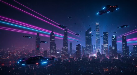 Cyberpunk City with Flying Vehicles at Night