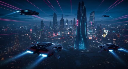 Futuristic City Skyline with Neon Blue Lights