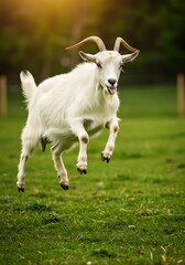 Jumping White Goat in Meadow