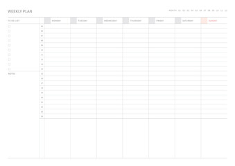 A weekly plan design template in a modern, simple, and minimalist style. Note, scheduler, diary, calendar, planner document template illustration.