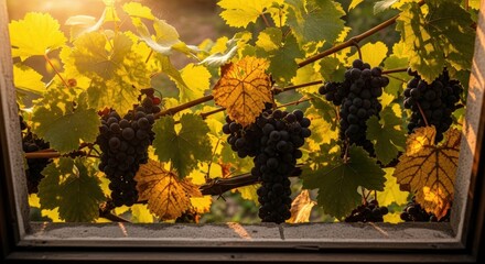 Sunlit Autumn Vineyard Ripe Grapes Hanging from the Vine, Golden Leaves Glowing in the Warm Light