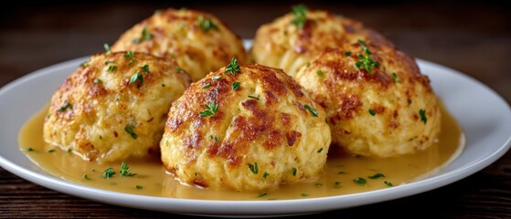 Fototapeta premium Delicious golden brown dumplings drizzled in savory sauce with fresh herbs capturing culinary artistry and home-cooked warmth inviting enjoyment and satisfaction at the dining table