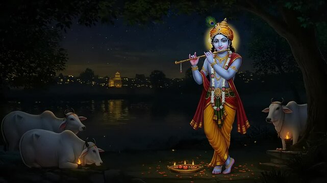 Krishna playing flute by river at night