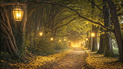 A pathway lined with trees and lanterns creating a magical and enchanting scene in the forest light