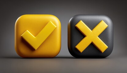 Yellow check mark and cross icons on square buttons.