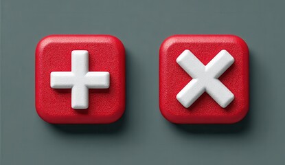 Obraz premium Red icons with plus and cross symbols on gray background.