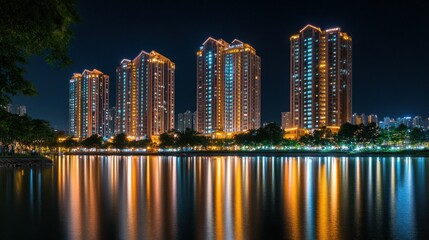 Obraz premium Illuminated high rise buildings reflecting on a tranquil body of water