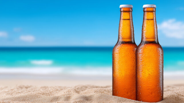 Two cold beer bottles in sand on tropical beach
