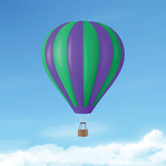 Vector Travel Banner with 3d Realistic Hot Air Balloon Icon on a Blue Sky Background. Design Template, Summer Vacation, Travelling, Tourism and Journey Concept